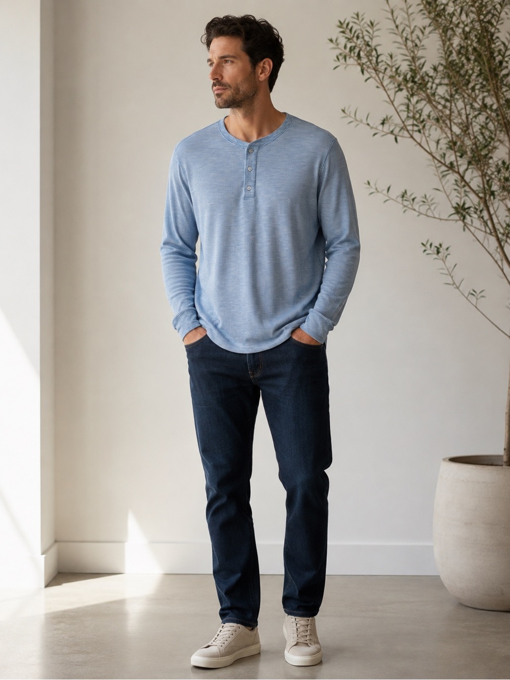 Vince Men’s Blue Heather Waffle Knit Long Sleeve Henley Shirt Size Large L